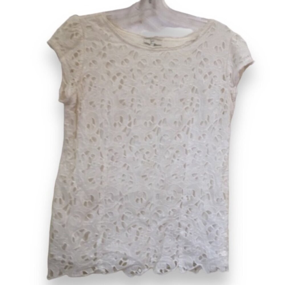 Joie Eyelet Lace Shirt Short Sleeve Crew Top Blouse Neutral White Lined Sheer S